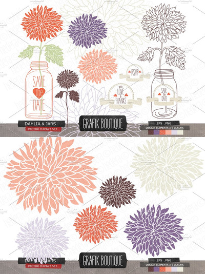 花卉邀请函插画 Dahlia flower mason jar invitation