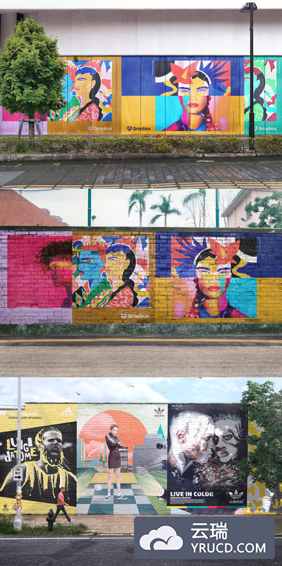 Mockup | 古色古香复古墙绘壁画墙涂鸦墙海报不同模型场景样机