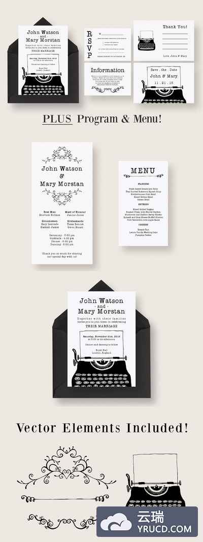 经典婚礼卡片模板 Vintage Typewriter Wedding Suite