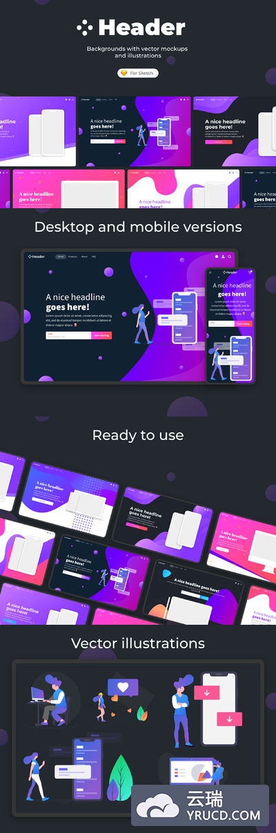 好用的巨无霸图网页或APP宣传展示网站头部banner设计模板下载[Sketch,APP官网]