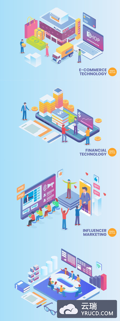 2.5D插画 | 矢量立体时尚高端等轴等距购物金融技术插画banner登录页面海报设计模板