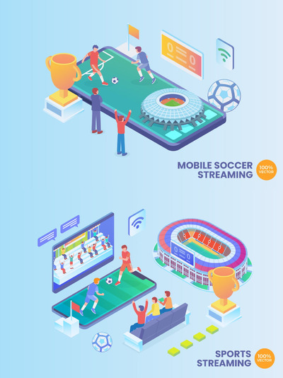 2.5D插画 | 矢量立体时尚高端等轴等距体育足球插画banner登录页面海报设计模板