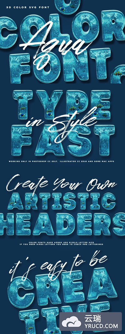 Fonts | 逼真夏季液体游泳池池塘海洋动物无衬线英文字体设计