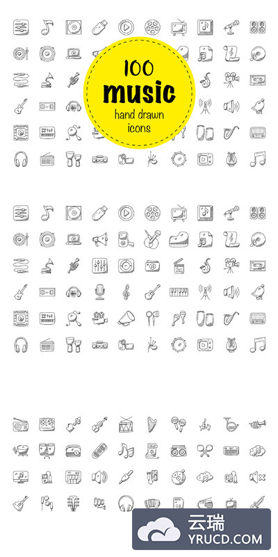 手绘音乐元素矢量图标 100 Music Hand Drawn Icons Set