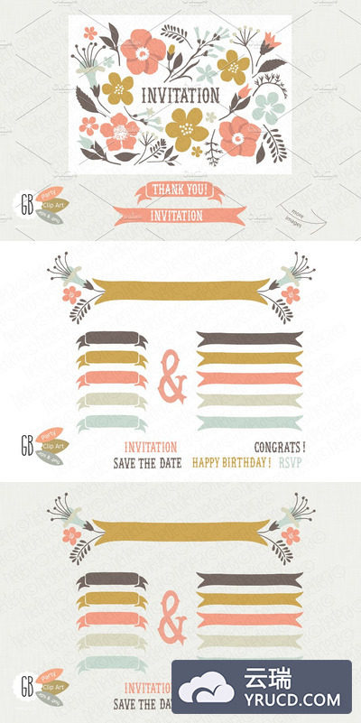 花卉插画邀请函 Folk flower invitation kit cream