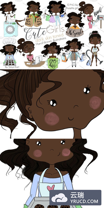 卡通可爱的女孩插画 Cute Girls Dark Skin Tone Clipart