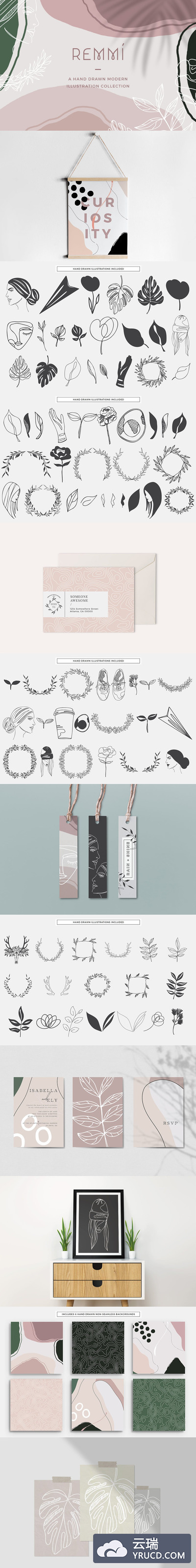 优雅高端时尚多用途的高品质现代手绘线条植物插画插图背景底纹纹理集合