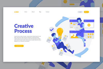 简约时尚扁平化风格的创作过程banner海报着陆页插画设计模板