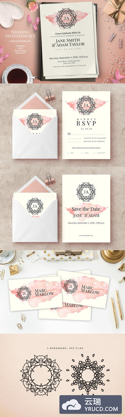 婚礼邀请函模板 Monogram Wedding Invitation Set