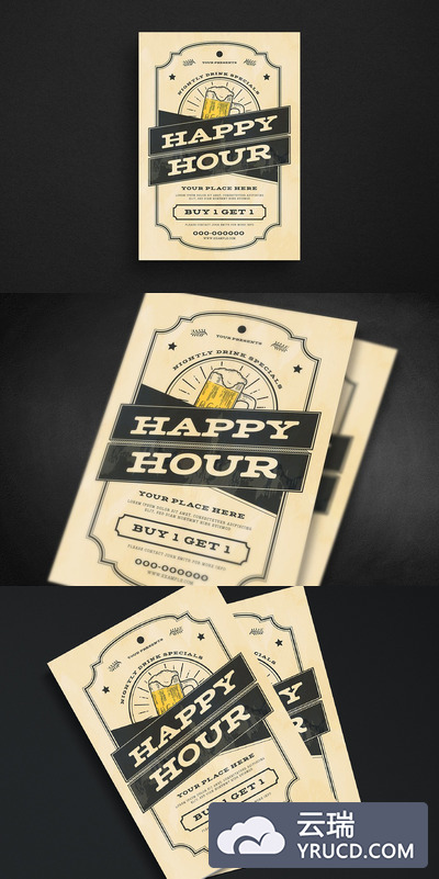 复古欢乐时光啤酒传单模板 Vintage Happy Hour Beer Flyer