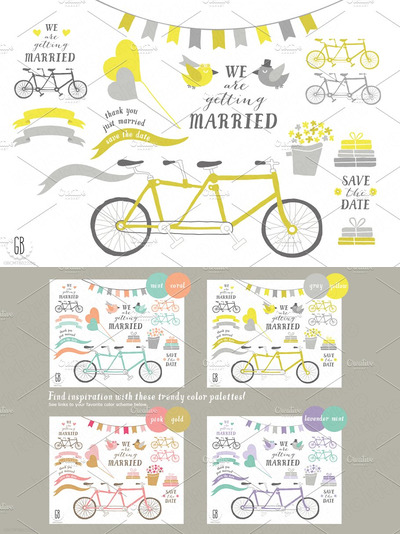 婚礼自行车插画 Tandem bicycle, wedding, gray yellow