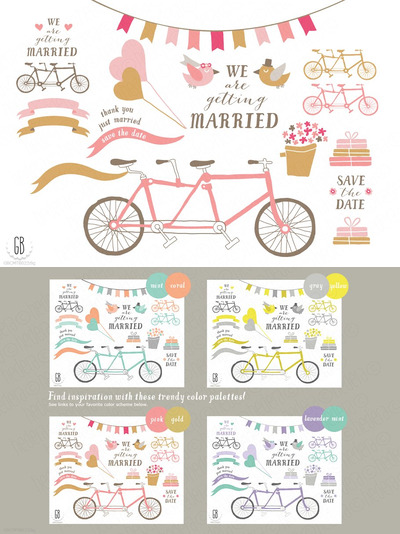 粉金色水彩婚礼自行车插画 Tandem bicycle, wedding pink gold