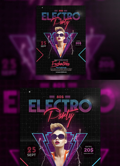 80年代的电子派对宣传单模板 80's Electro Party Flyer