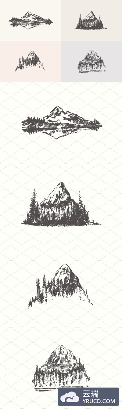 手绘素描插画 Sketches of mountain landscapes