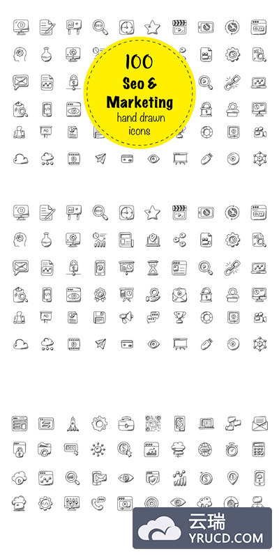 100个搜索引擎优化和营销涂鸦图标素材 100 Seo and Marketing Doodle Icons