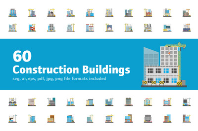 60个平面建筑图标素材 60 Flat Construction Building Icons