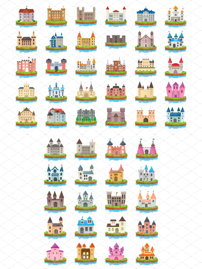 50个城堡岛平面矢量图标素材 50 Castle Island Flat Vector Icons