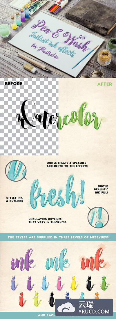 时尚简约高端好用的逼真质感Illustrator的即时手绘水彩水墨墨水效果图层样式（Ai）