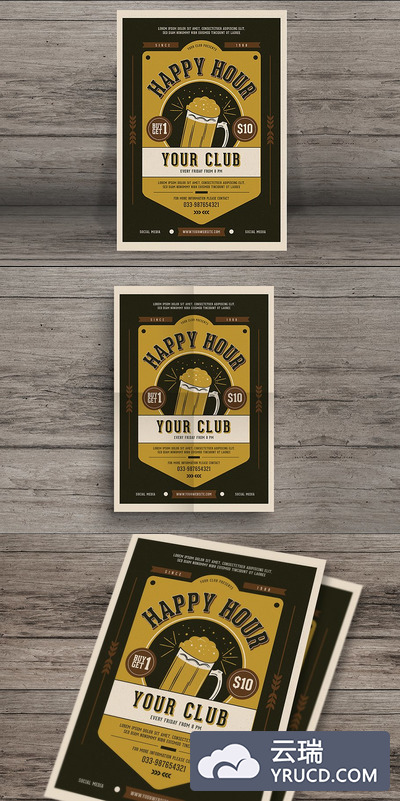 经典啤酒宣传海报促销模板 Vintage Happy Hour Beer Promotion