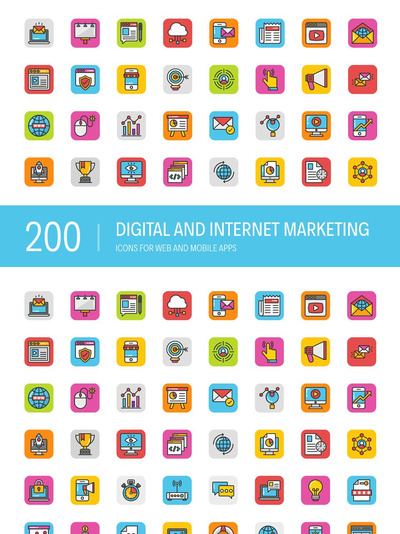 数字网络营销图标素材 200 Digital Internet Marketing Icons