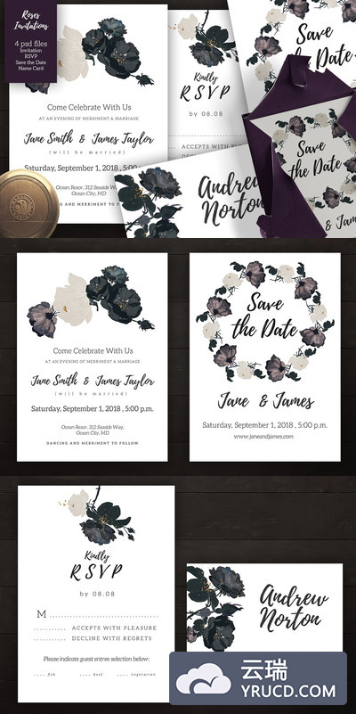 婚礼邀请函模板 Roses Wedding Invitation Set