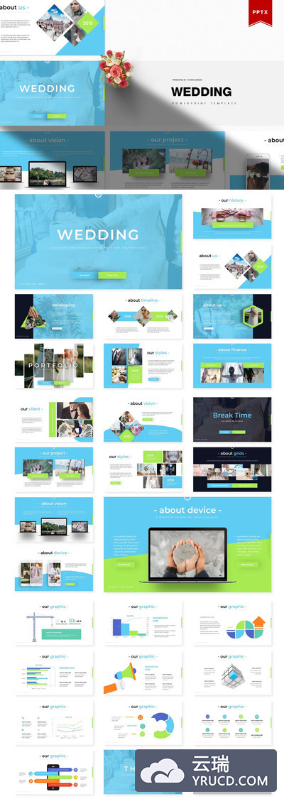 时尚高端简约清新配色的婚礼powerpoint幻灯片演示模板（pptx）