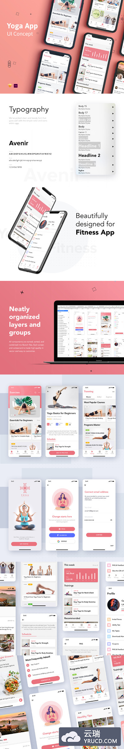 瑜伽和健身相关功能的APP UI KIT套装 iOS Ui app设计 移动ui设计[Sketch,XD]