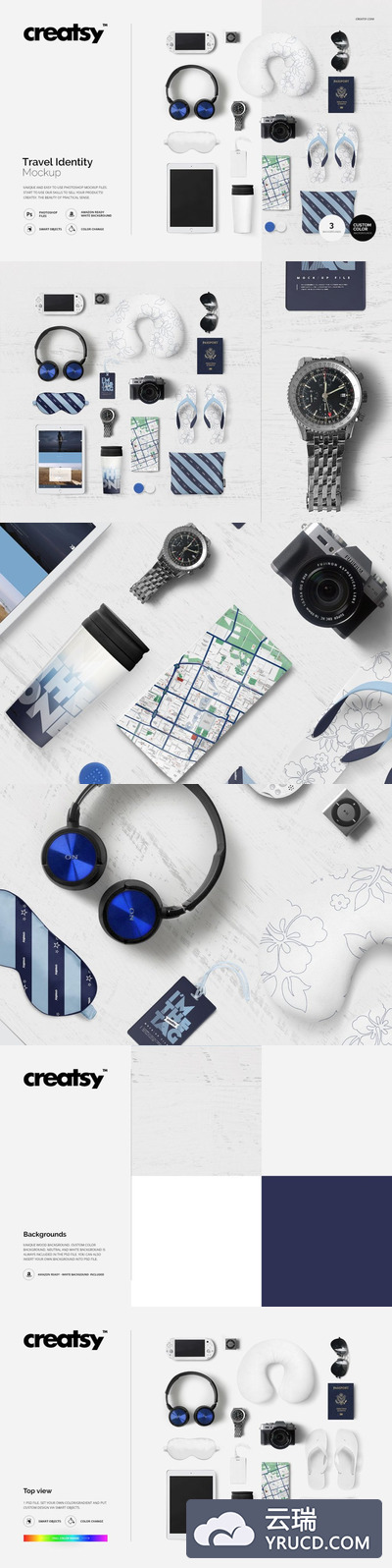 Mockups | 游戏机耳机眼罩ipad水杯地图照相机太阳镜拖鞋洗漱包旅行套装样机