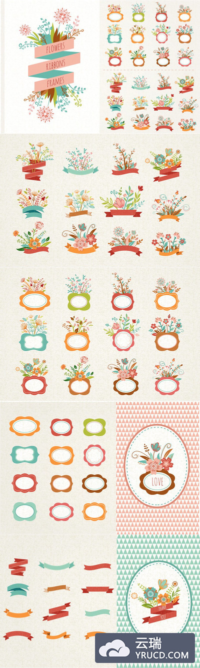 带丝带的花卉框架插画 Flowers with ribbons & frames