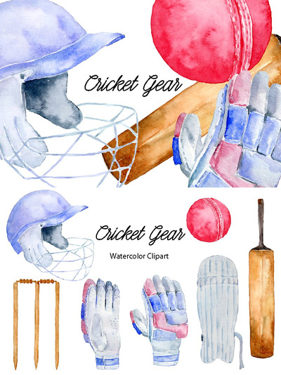 水彩运动素材插画 Watercolor Sport Cricket Gear