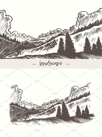 手绘森林素描插画 Landscape with forest and clouds