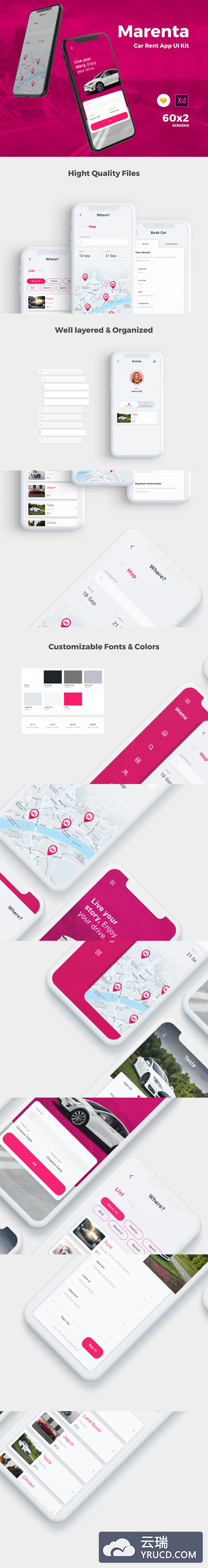 租车服务相关的APP UI KIT套装 iOS Ui app设计 移动ui设计[Sketch,XD]