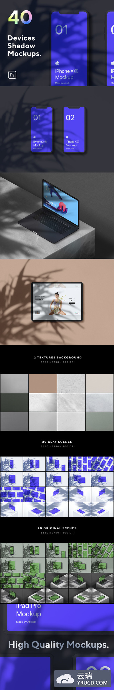 Mockups | 高分辨率40套苹果设备带流行阴影场景Web UI提案样机模板