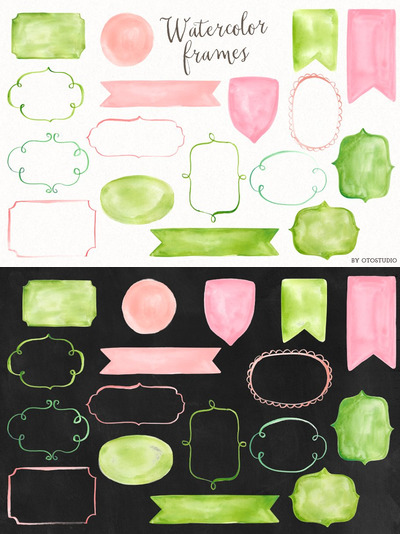 水彩框架插画素材 Watercolor Frames & Ribbons