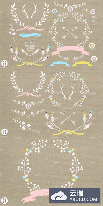 花卉鹿角插画 Floral wreaths ribbons pastel