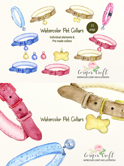 水彩宠物项圈插图 Watercolor Pet Collar Illustration