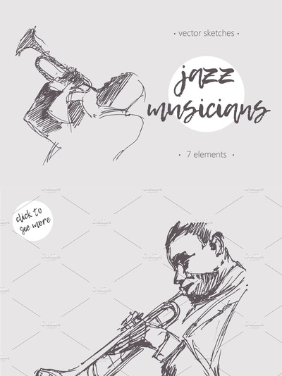 演奏乐器音乐元素素描插画 People playing musical instruments