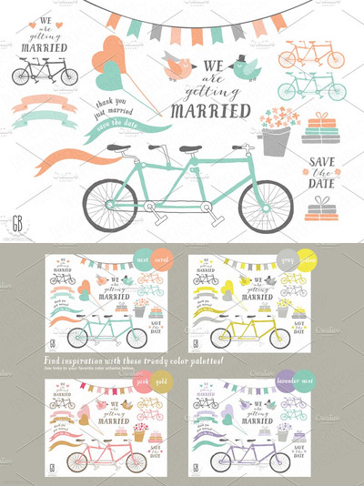 婚礼自行车插画 Tandem bicycle, wedding, mint coral