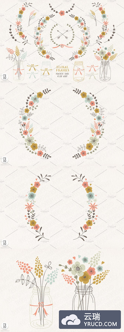 花卉矢量图形素材 Flower frames, borders, laurels, jar