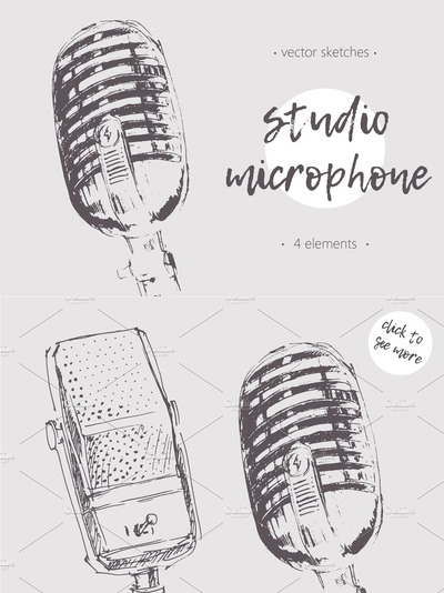 一套录音室麦克风插画 Set of studio microphones