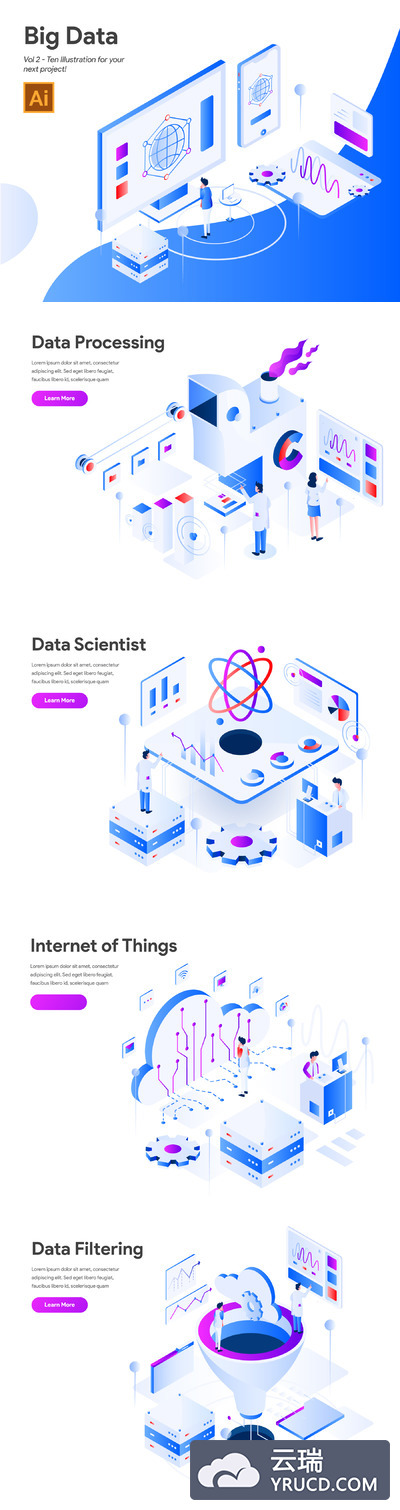 2.5D 大数据概念矢量插画素材下载 [Ai]