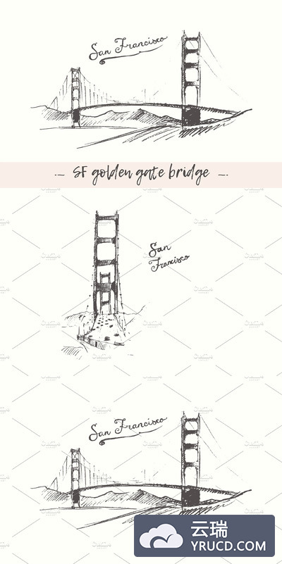 旧金山金门大桥素描插画 San Francisco Golden Gate Bridge