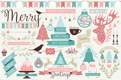 经典圣诞节装饰元素插画 Vintage Christmas Decor Elements Set