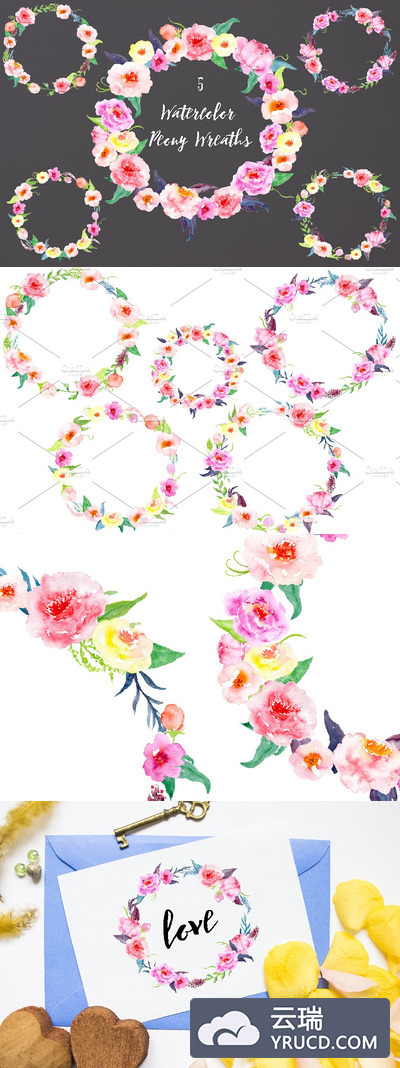 水彩牡丹插画素材 Watercolor Peony Wreath