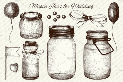 经典素描效果插画 Vinatge Mason Jars Collection