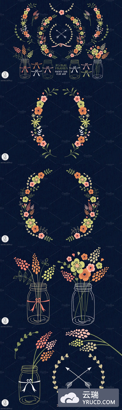 花卉框架插画素材 Floral frames mason jars invites