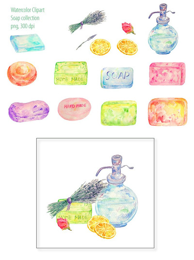 水彩肥皂插画素材 Watercolor Clipart Soap Collection