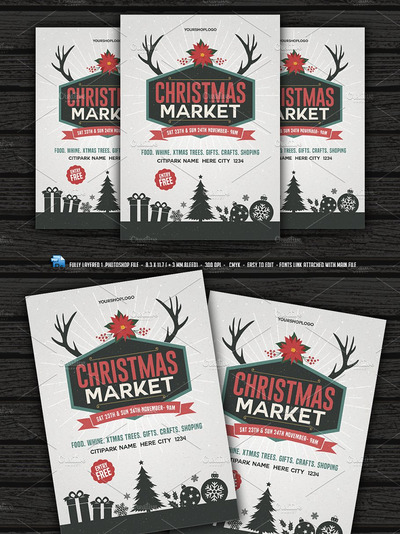 圣诞节素材海报设计插画 Christmas Market Flyer