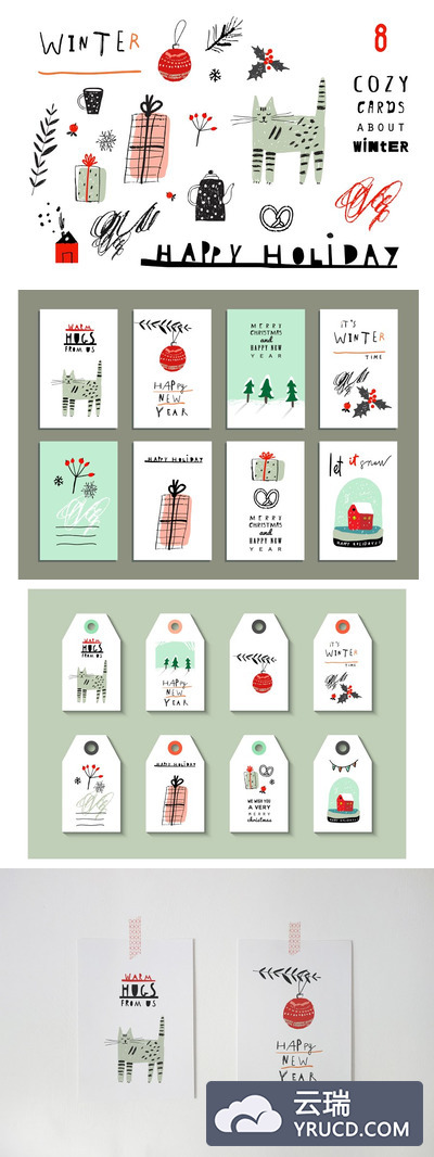 可爱的冬季圣诞节元素插画 Cozy cards about winter + Bonus
