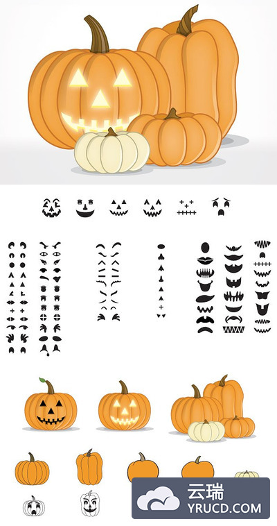 南瓜头矢量插画 Jack-O-Lantern Pumpkin Faces Vectors